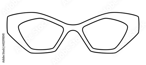 Futuristic frame glasses fashion accessory illustration. Sunglass front view for Men, women, unisex silhouette style, flat rim spectacles eyeglasses, lens sketch outline isolated on white background