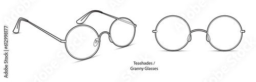 Teashades, Granny Glasses frame glasses fashion accessory illustration. Sunglass front and 3-4 view for Men, women, unisex silhouette style, flat rim spectacles eyeglasses with lens sketch isolated