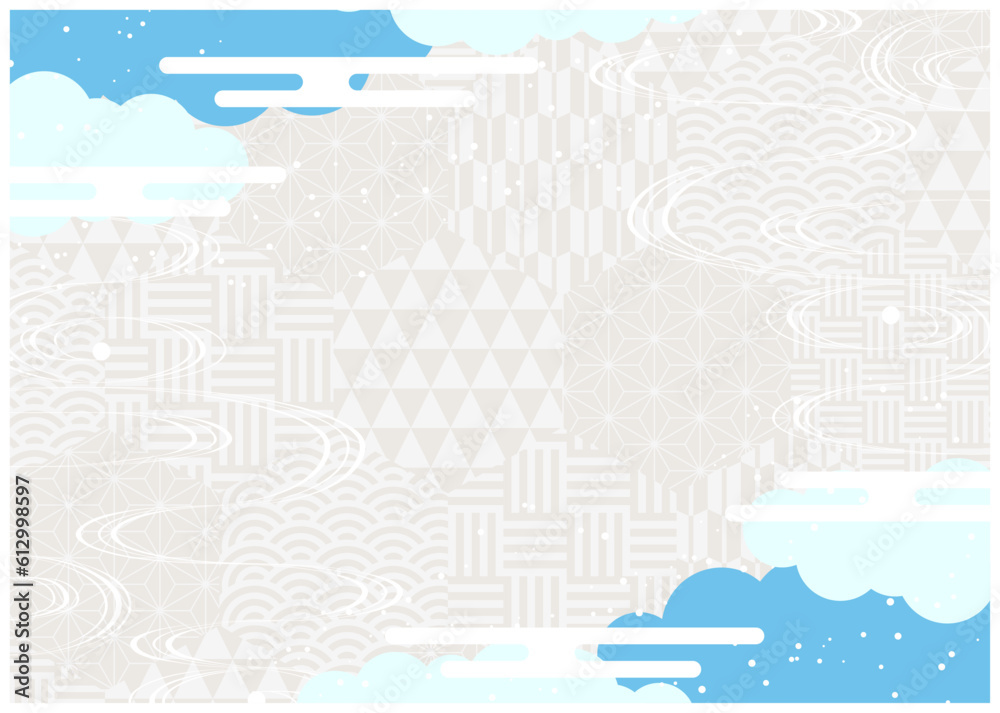 Obraz premium 白地に青の雲と六角和柄背景ヨコ