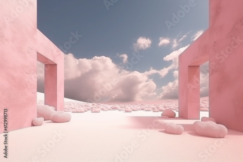 surreal pink landscape background with arch, blue sky. of mockup of presentation podium. generative ai, ai, generative