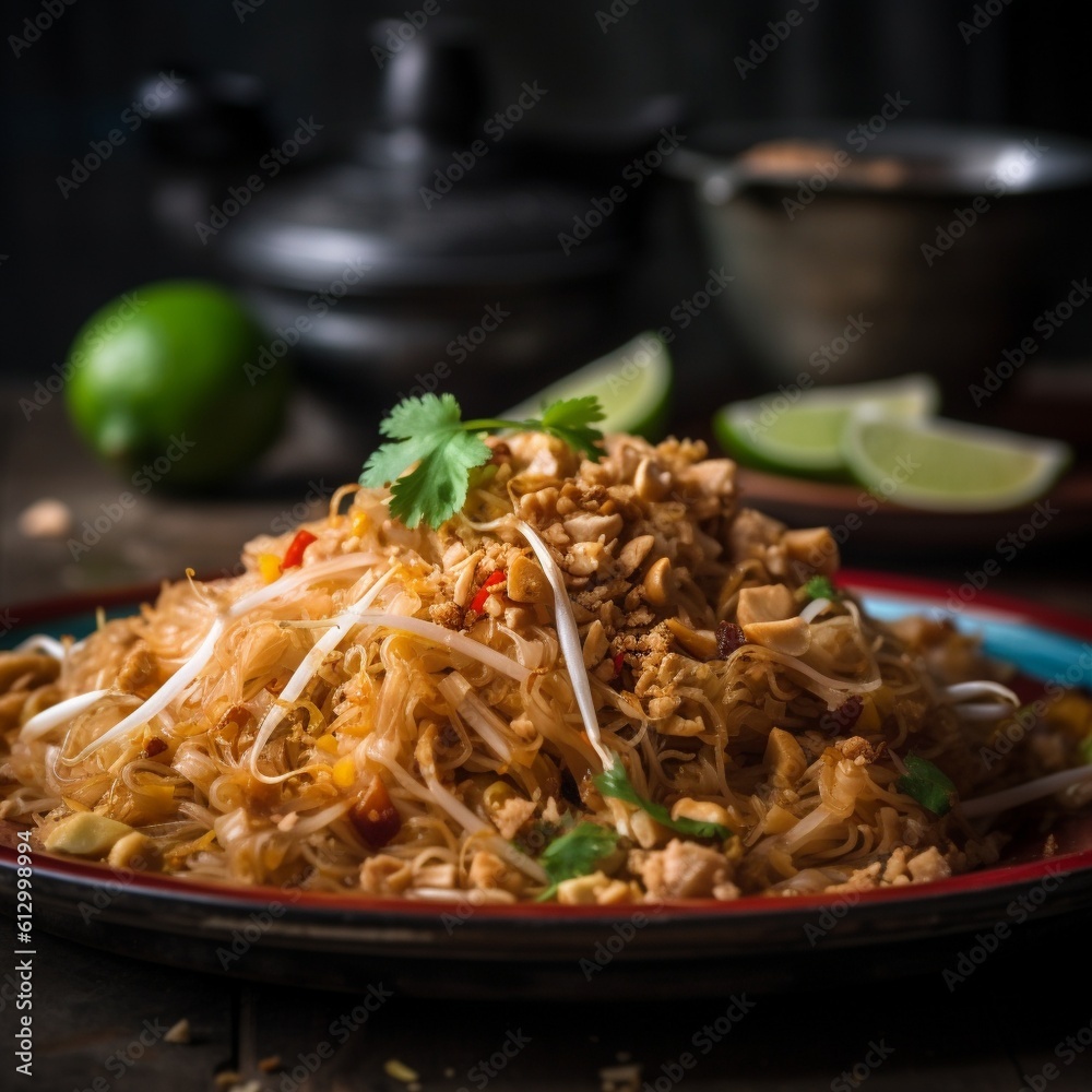 Close-up of Thai Pad Thai with Shrimp and Tofu