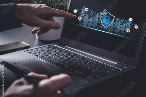 Cybersecurity of digital network systems with computer security engineer touching shield icon. Information technology protected with firewall, secure access and encryption against cyber attacks