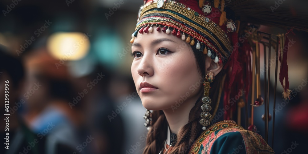 Southeast woman wearing traditional costume, headshot. Generative AI