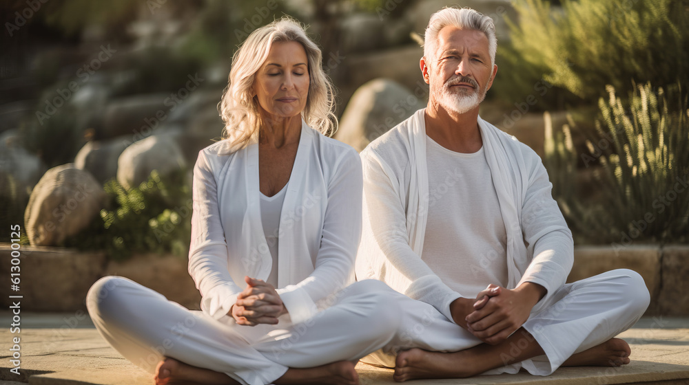 Happy positive fit mature couple of senior woman and man practicing partner yoga on open fresh air outside. Created with Generative AI technology. Happy positive fit mature couple of senior woman and man practicing partner yoga on open fresh air outside. Created with Generative AI technology.