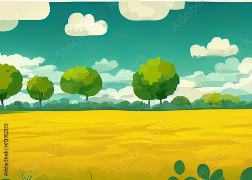 abstract cartoon style of pastoral rural landscape  illustration of yellow field  green trees and blue sky with fluffy clouds created with generative ai technology