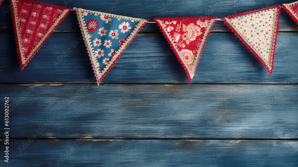 Obraz premium Patriotic American Themed Fourth of July Bunting Decoration Flat Lay - on Aged Blue Wood Backdrop with Copy Space - 4th of July Crafts - Cloth in USA Red, White, and Blue Flag Colors - Generative AI
