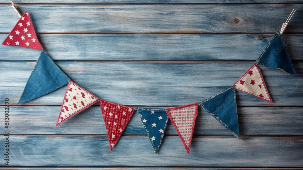 Obraz premium Patriotic American Themed Fourth of July Bunting Decoration Flat Lay - on Aged Blue Wood Backdrop with Copy Space - 4th of July Crafts - Cloth in USA Red, White, and Blue Flag Colors - Generative AI