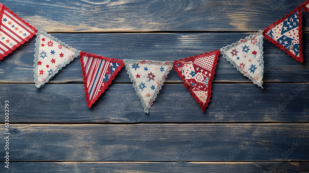 Obraz premium Patriotic American Themed Fourth of July Bunting Decoration Flat Lay - on Aged Blue Wood Backdrop with Copy Space - 4th of July Crafts - Cloth in USA Red, White, and Blue Flag Colors - Generative AI