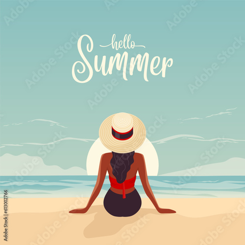 Vector Flat Young Woman in a Hat Sitting at Sunset on the Beach, Enjoying the Resort, Relaxing on Seaside Sand Beach in Summer Season, Back View. Hello Summer Concept. Ocean Scenic View Background © gomolach