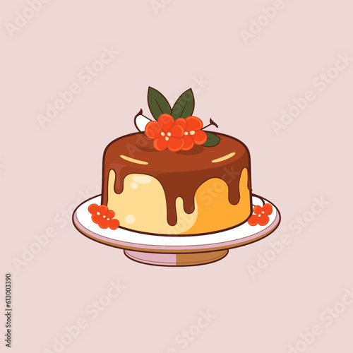 A pudding cake with flower on top. Vector illustration in simple flat style on pastel background