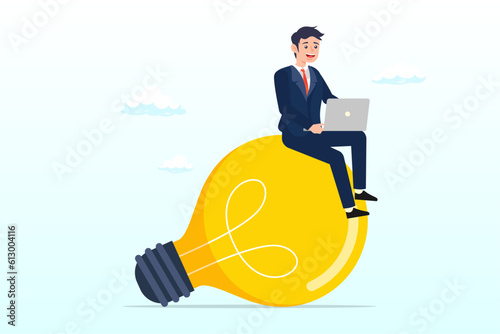 Productive businessman working with computer laptop on big bulb idea., idea or innovation to success, inspiration or solution to solve work problem, project planning, expertise concept (Vector)
