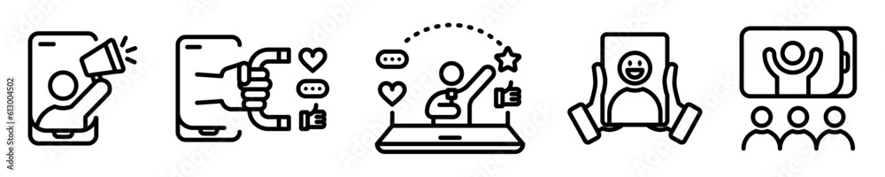 Conjunto de iconos de marketing de influencers. Estrategia de marketing, colaboración en redes sociales, publicidad. Ilustración vectorial