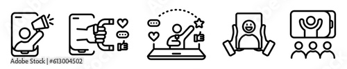 Conjunto de iconos de marketing de influencers. Estrategia de marketing, colaboración en redes sociales, publicidad. Ilustración vectorial