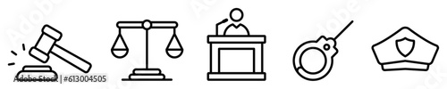 Conjunto de iconos de justicia. martillo de justicia, balanza e igualdad, juez, grillete, policía y seguridad. Ilustración vectorial photo