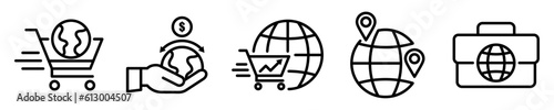 Conjunto de iconos de comercio internacional. Mercado global. Compra y venta de productos. Importación y exportación. Ilustración vectorial