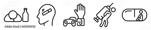 Conjunto de iconos de adicciones. Hábito de conducta. Adicción al alcohol, cigarro, videojuegos, drogas, medicamentos. Ilustración vectorial. Ilustración vectorial