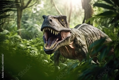 Wild Tyrannosaurus Rex in the jungle. Generative AI