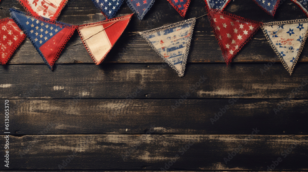 Fototapeta premium Patriotic American Themed Fourth of July Bunting Decoration Flat Lay - on Aged Black Wood Backdrop with Copy Space - 4th of July Crafts - Cloth in USA Red, White, and Blue Flag Colors - Generative AI