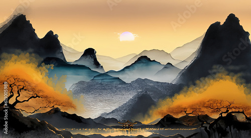 sunrise over the mountains in Japan - Created with Generative AI Technology 