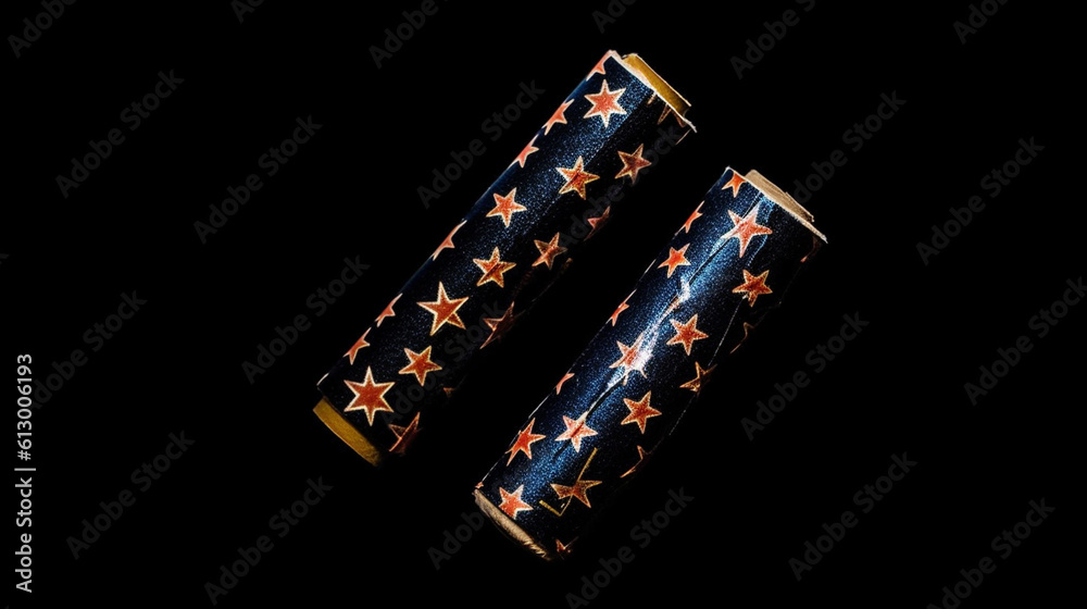Gorgeous Luxury Wrapped Fourth of July Firecrackers Flat Lay with Metallic Stars and Mini Fireworks Effects - on Matte Black Background - Witchy, Modern Aesthetic with Studio Lighting - Generative AI