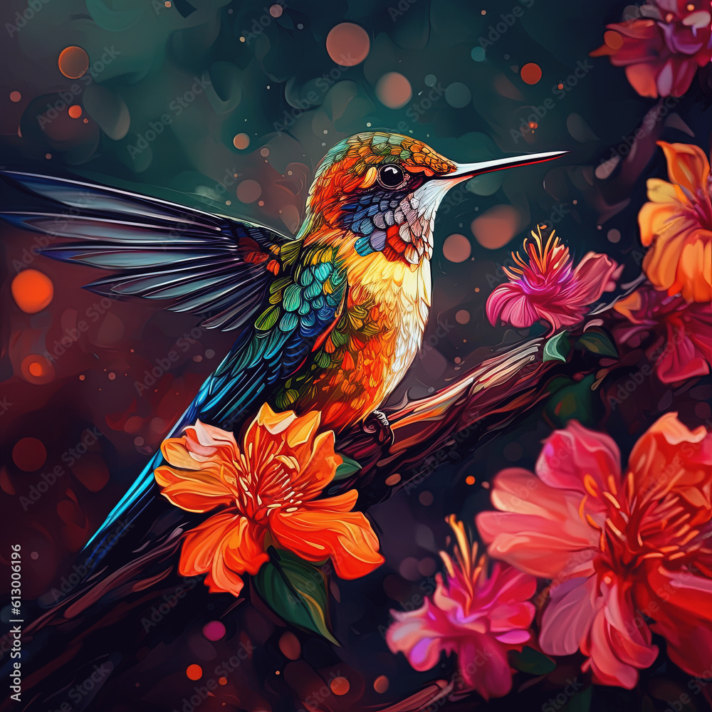 Long beak bird with flowers - Created with Generative AI Technology