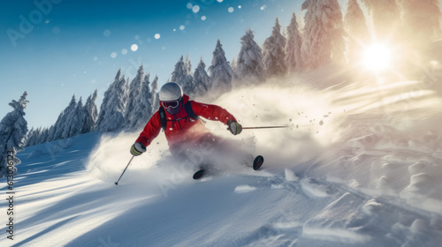 A skier skiing down a snowy slope with mountains in the background. Generative ai