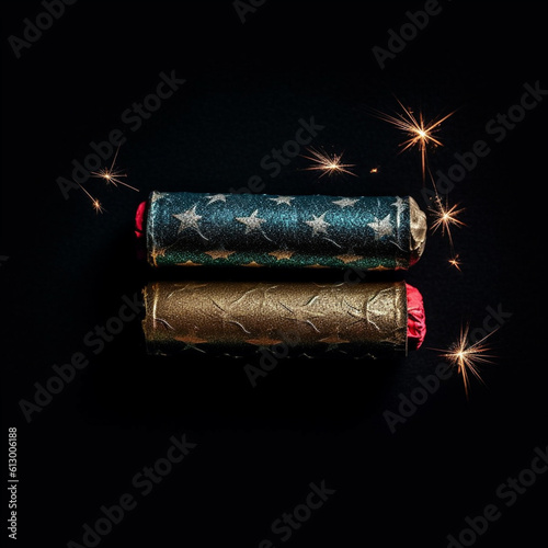 Gorgeous Luxury Wrapped Fourth of July Firecrackers Flat Lay with Metallic Stars and Mini Fireworks Effects - on Matte Black Background - Witchy, Modern Aesthetic with Studio Lighting - Generative AI photo