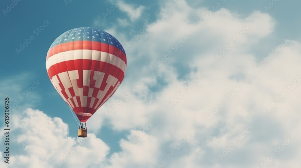 Naklejka premium A vibrant hot air balloon soaring through the sky in patriotic colors. Generative ai