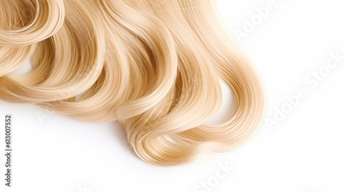 Blond shiny hair on white background, isolated. Generative ai