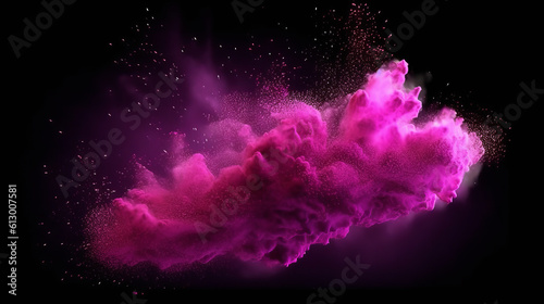 A vibrant powder explosion on a dark background in shades of purple and pink. Generative ai © cac_tus