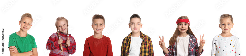Collage with photos of different cheerful children on white background Collage with photos of different cheerful children on white background