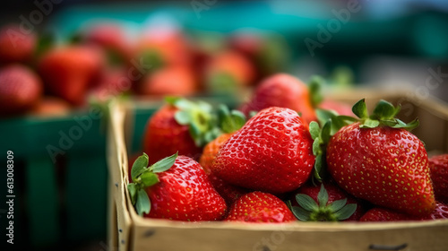 A close-up of a box of fresh strawberries. Generative ai