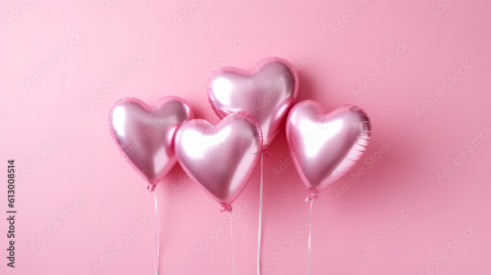 Heart-shaped balloons on a pastel pink background. Generative ai