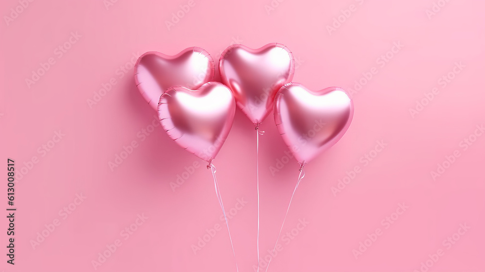 Three heart-shaped balloons on a pink background. Generative ai