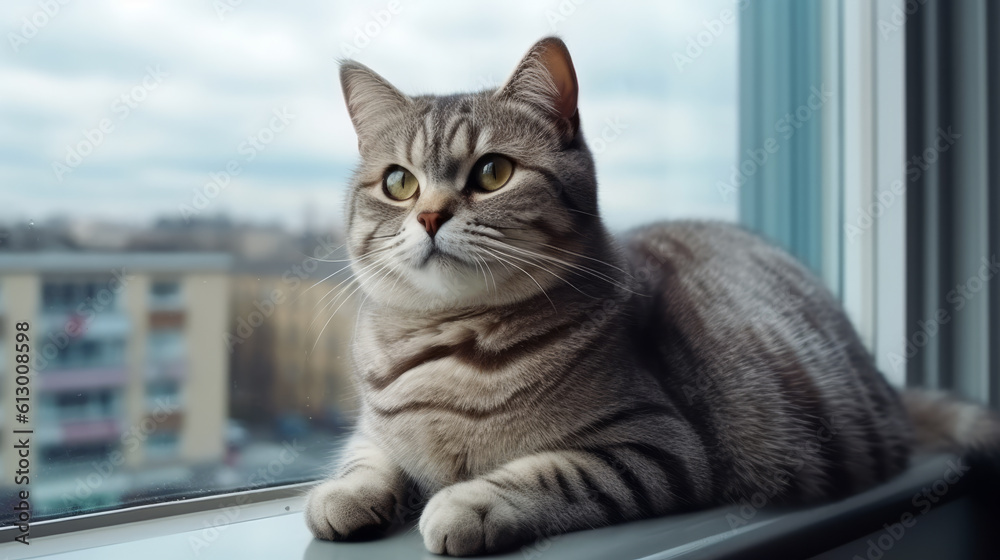A cat perched on a windowsill, gazing outside. Generative ai A cat perched on a windowsill, gazing outside. Generative ai