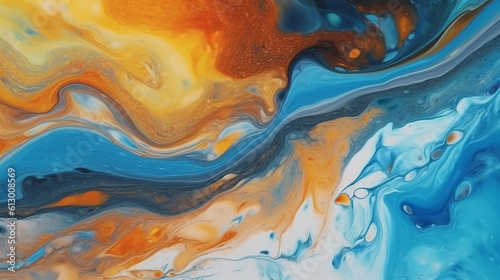 An abstract painting featuring blue, yellow, and orange colors. Generative ai