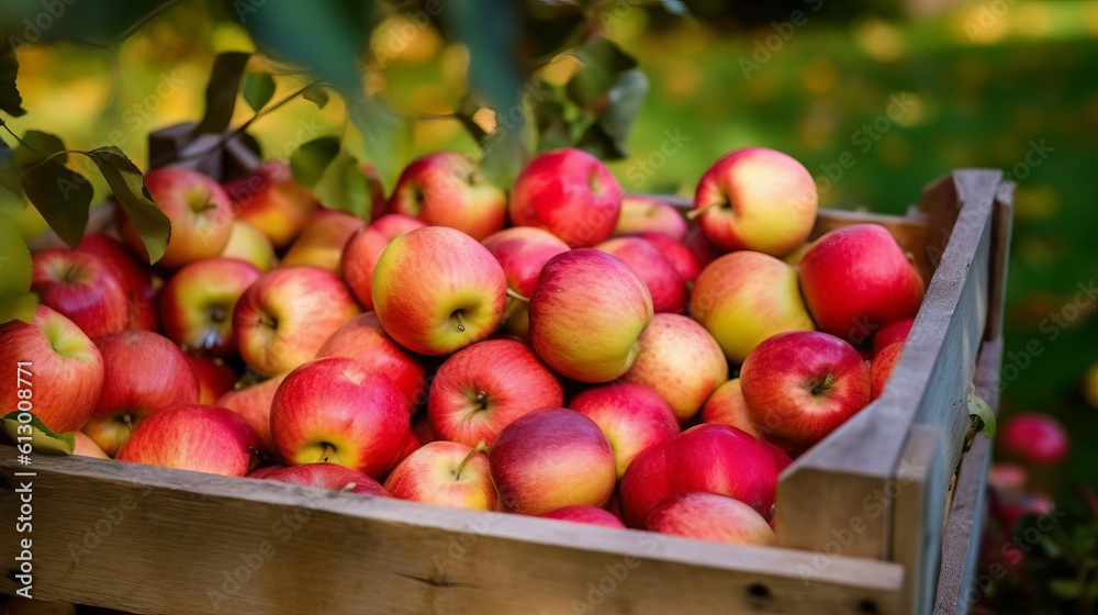 A wooden crate overflowing with fresh, ripe red apples. Generative ai A wooden crate overflowing with fresh, ripe red apples. Generative ai