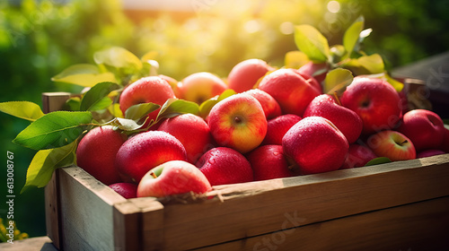 A wooden crate filled with fresh  ripe red apples. Generative ai