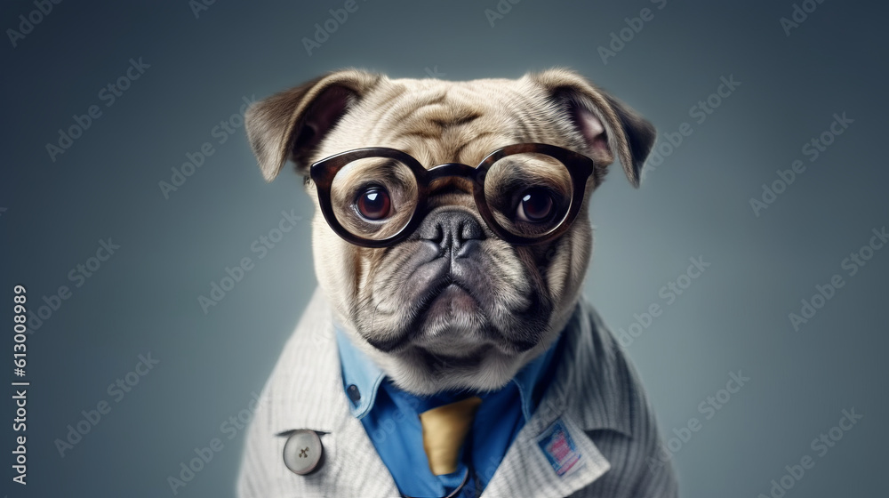 A Pug dog with a nerdy look wearing glasses and a cozy sweater. Generative ai