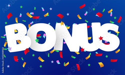 Word Bonus and falling colorful confetti on blue background, illustration