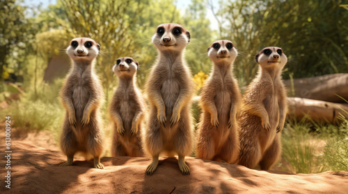 Meerkats standing on a sandy mound in the desert. Generative ai