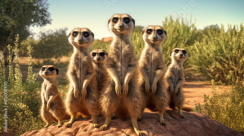 Obraz na plátně Group of meerkats standing on a rocky outcrop. Generative ai