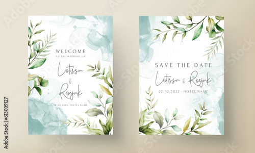 elegant watercolor leaves invitation card set