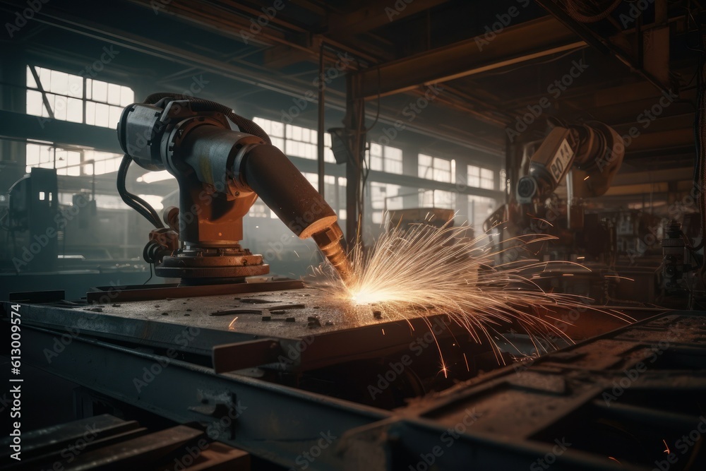 Robot welder. Automatic welding machine. AI generated, human enhanced Robot welder. Automatic welding machine. AI generated, human enhanced