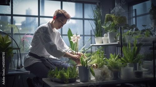 young adult man tending to a plant, gardener in a nursery or flower shop or greenhouse or garden, fictional plant species, red hair, nature or research and development