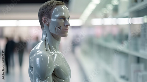 transhumanism, people and cyborg technology robotic body parts, in supermarket shopping, young adult man has technology upgrades and artificial intelligence, body upgrades, brain implant