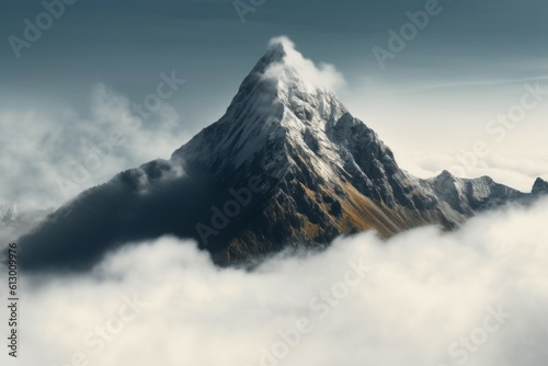 Mountain top surrounded by clouds. Climate change concept. AI generated, human enhanced. © top images