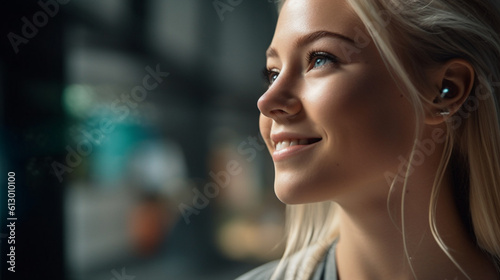 caucasian blonde 20s 30s, in-ear headset, close-up, side view, outdoors, fictional location