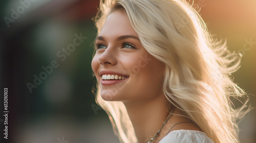 caucasian blonde 20s 30s, in-ear headset, close-up, side view, outdoors, fictional location