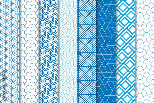 Set of seamless geometric patterns, blue color.
